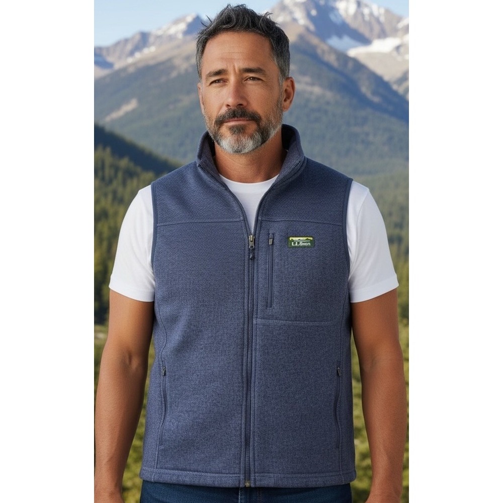 LL Bean Men's Sweater Fleece Vest Navy Blue Fitted Medium Logo Full Zip Up